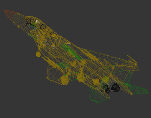 3D wireframe model of a fighter jet used in training software.